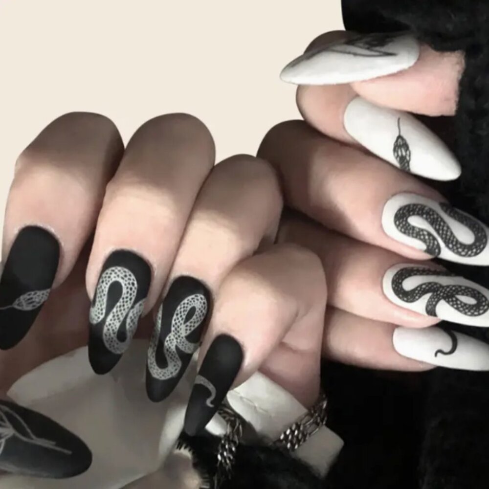 Gothic Black And White Almond Shaped Snake Press On Nails Medium Fake Na…
